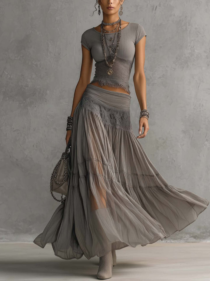 Elena™ | Conjunto de Top con Encaje y Falda Maxi Plisada