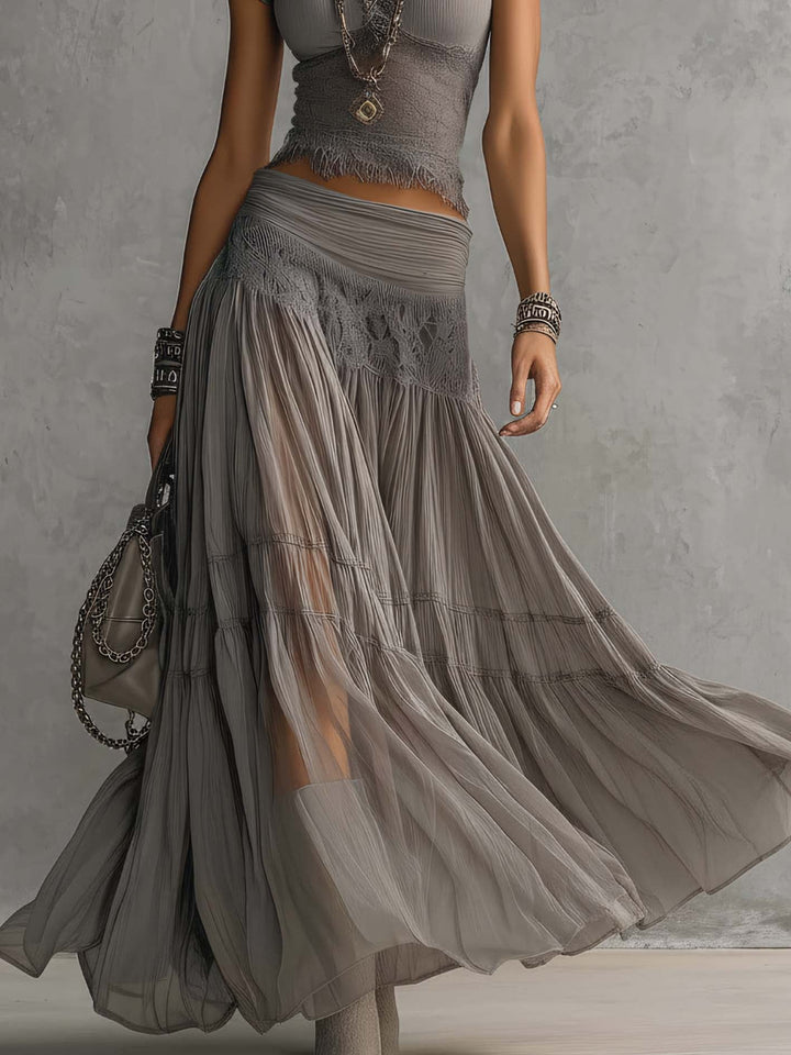 Elena™ | Conjunto de Top con Encaje y Falda Maxi Plisada