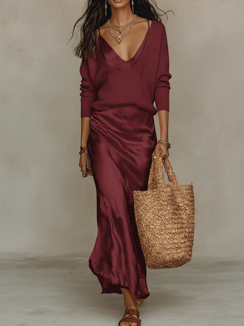 Elena™ | Vestido Midi Satinado con Jersey Incluido