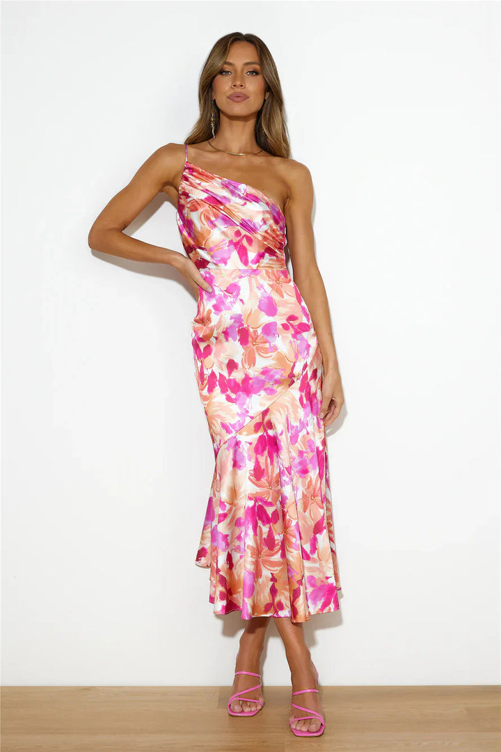 Eliza - Vestido Maxi de Satén Floral con Un Hombro