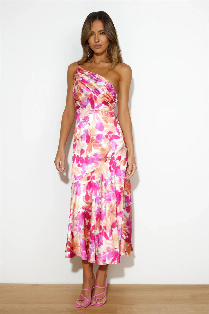 Eliza - Vestido Maxi de Satén Floral con Un Hombro