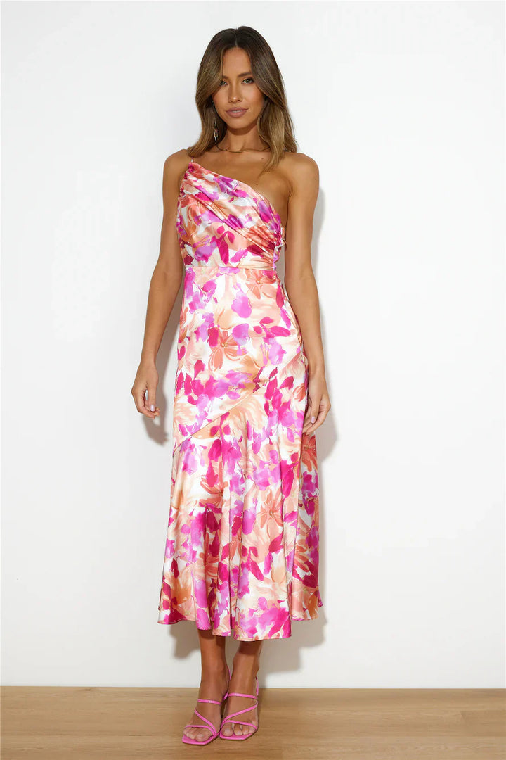Eliza - Vestido Maxi de Satén Floral con Un Hombro