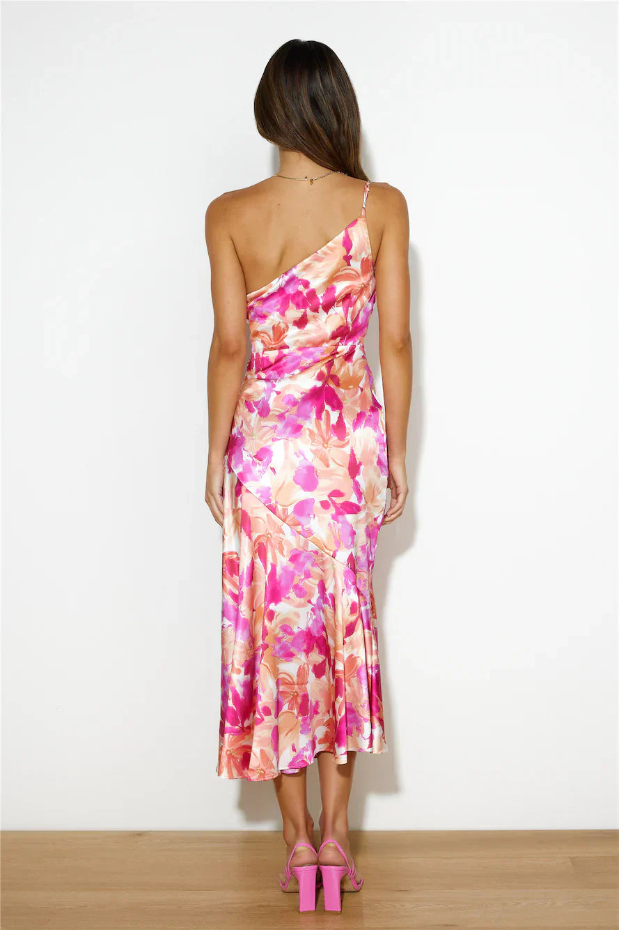Eliza - Vestido Maxi de Satén Floral con Un Hombro