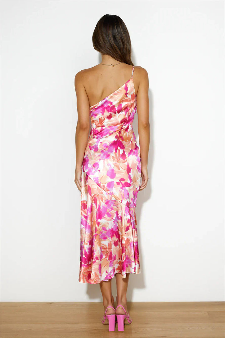 Eliza - Vestido Maxi de Satén Floral con Un Hombro