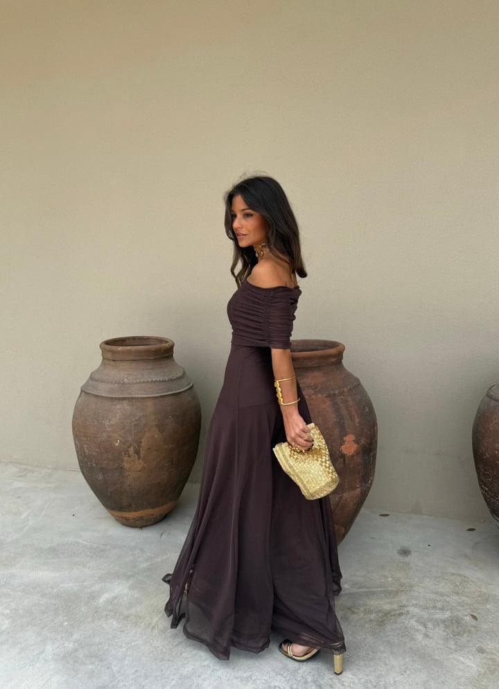 Toledo | Vestido Largo de Tul con Escote Bardot
