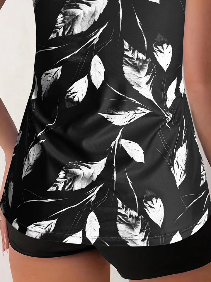 Elise | Conjunto de Tankini con Estampado de Hojas en Blanco y Negro