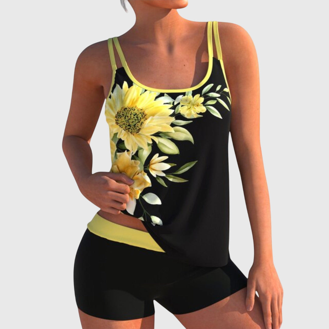 Flor - Tankini floral con short, efecto vientre plano