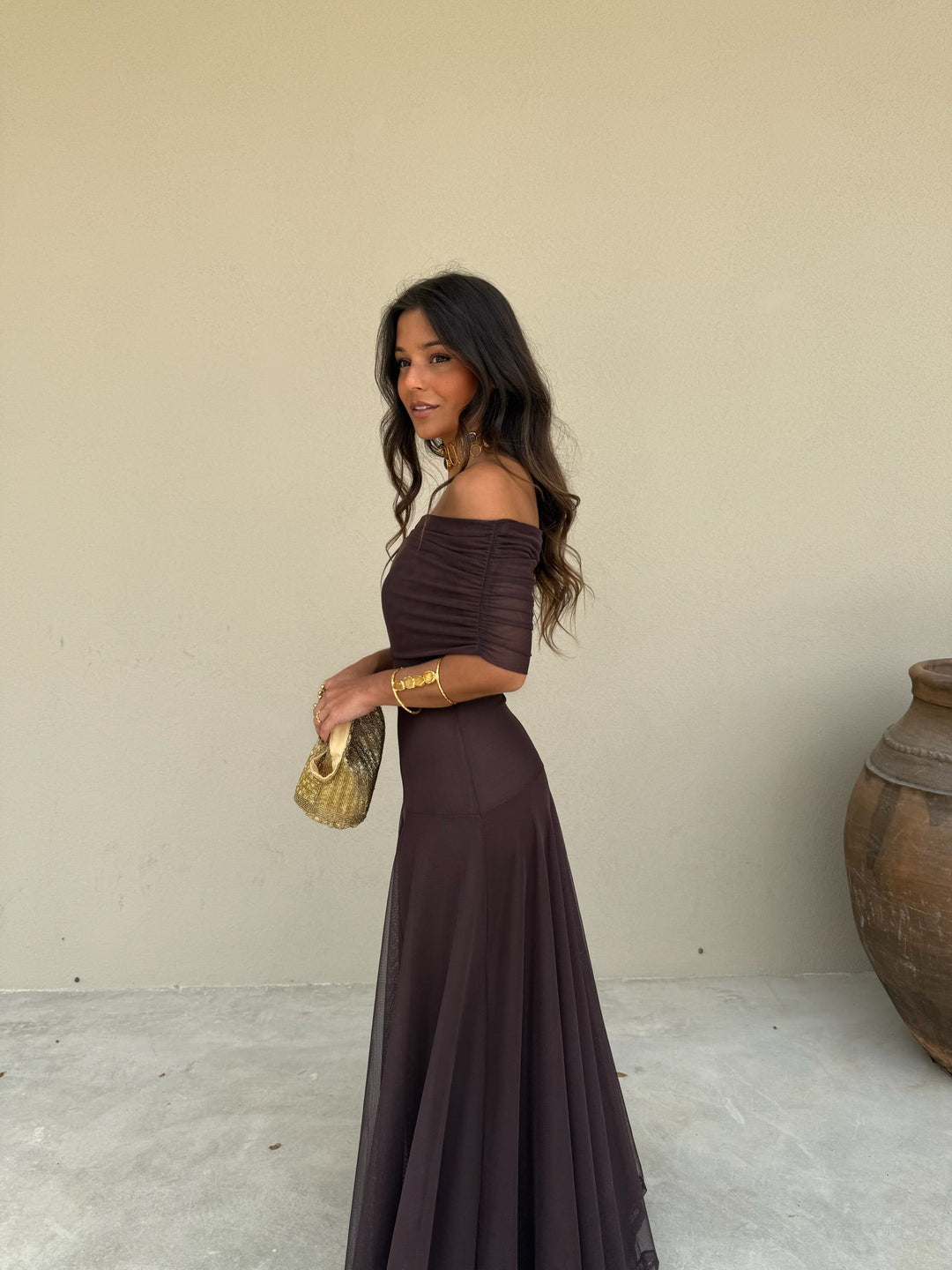 Toledo | Vestido Largo de Tul con Escote Bardot