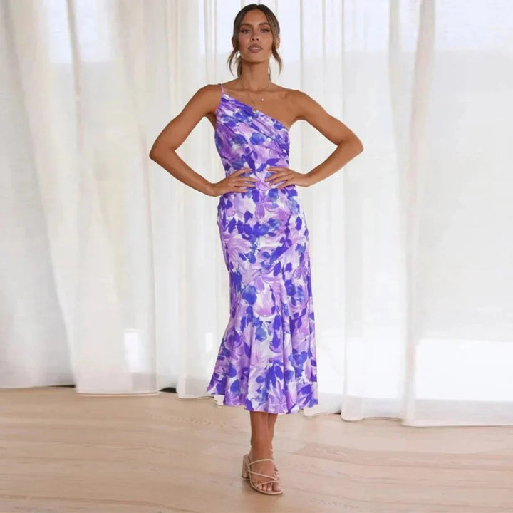 Eliza - Vestido Maxi de Satén Floral con Un Hombro