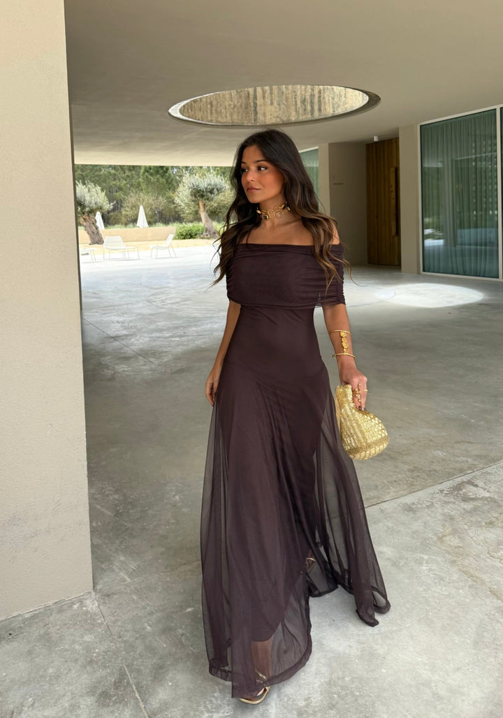 Toledo | Vestido Largo de Tul con Escote Bardot