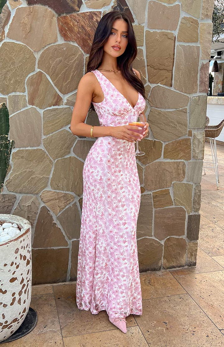 Farida - Vestido Maxi de Encaje Rosa
