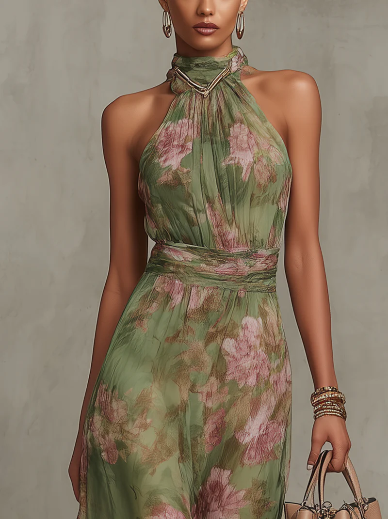 Monika | Vestido Maxi Floral con Cuello Halter