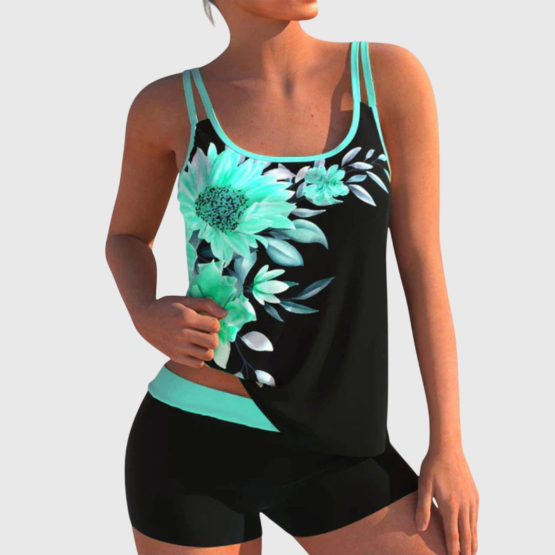 Flor - Tankini floral con short, efecto vientre plano