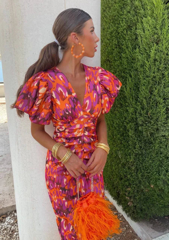 Loren - Vestido Midi Vibrante con Mangas Abullonadas