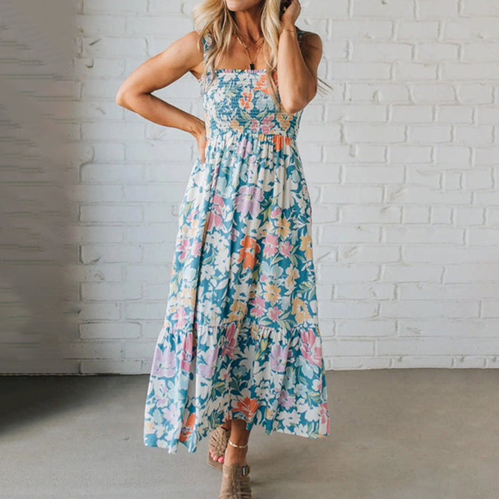 Paloma™ | Vestido Maxi Floral con Cuerpo Fruncido y Tirantes Ajustables
