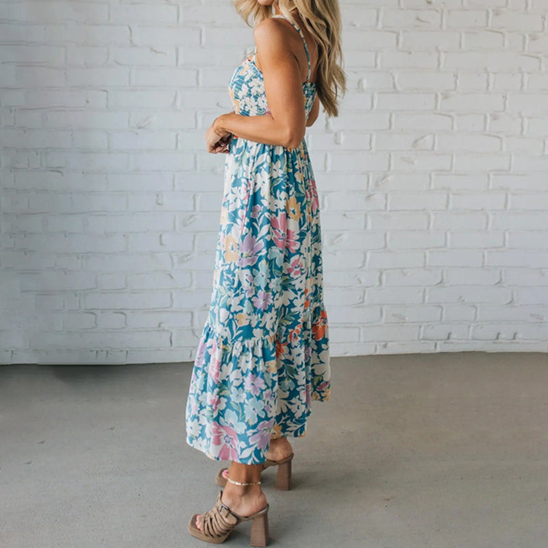 Paloma™ | Vestido Maxi Floral con Cuerpo Fruncido y Tirantes Ajustables