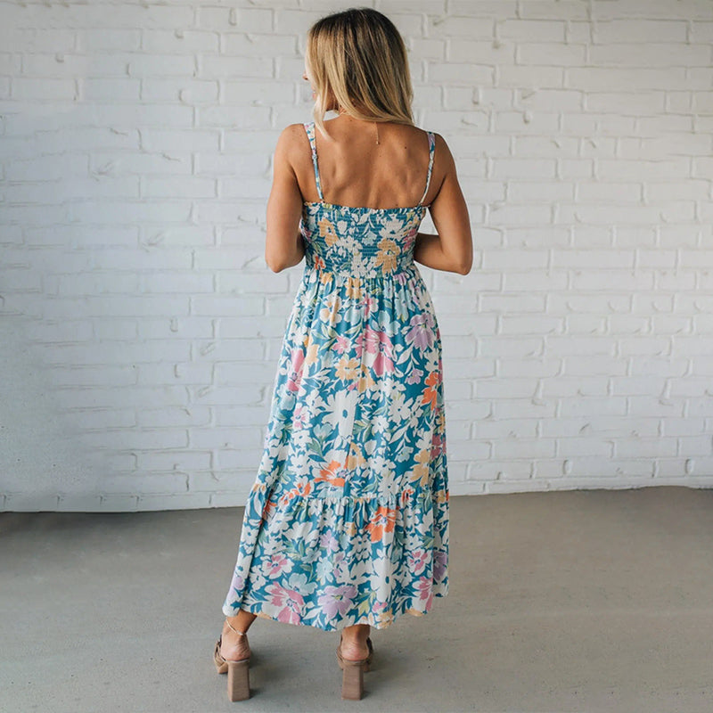 Paloma™ | Vestido Maxi Floral con Cuerpo Fruncido y Tirantes Ajustables