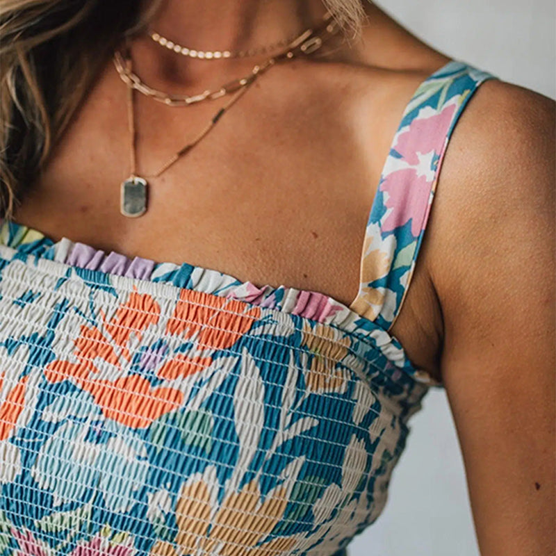 Paloma™ | Vestido Maxi Floral con Cuerpo Fruncido y Tirantes Ajustables